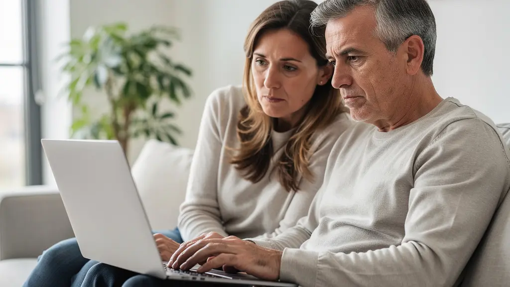 Couple français consultant une estimation immobilière sur ordinateur portable dans leur salon