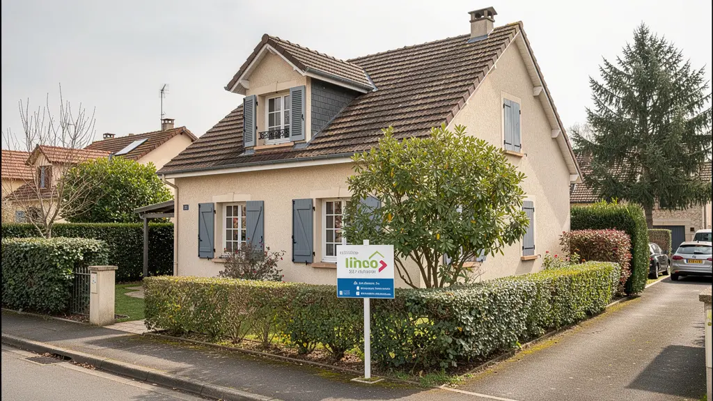 Façade de maison française avec panneau immobilier à vendre