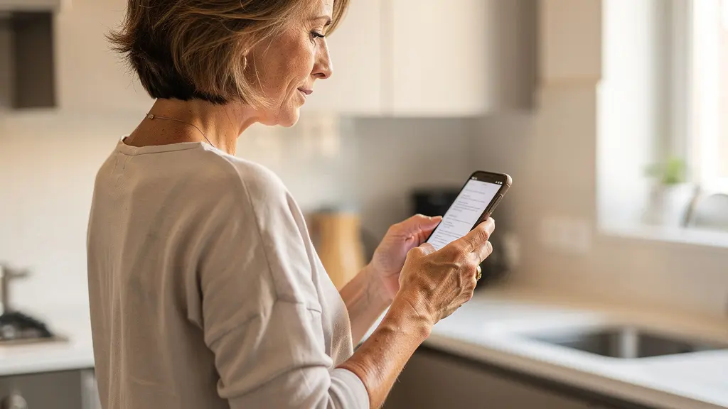 Femme consultant son smartphone pour une estimation immobilière dans sa cuisine